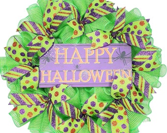 Happy Halloween Mesh Wreath, Halloween Door Wreath, Halloween Door Decor, Spider Wreath. Fall Wreath, Scary Wreath