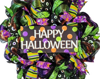 Happy Halloween Mesh Wreath, Halloween Mesh Wreath, Halloween Door Wreath, Halloween Door Decor, Eyeball Wreath, Scary Wreath, Fall Wreath