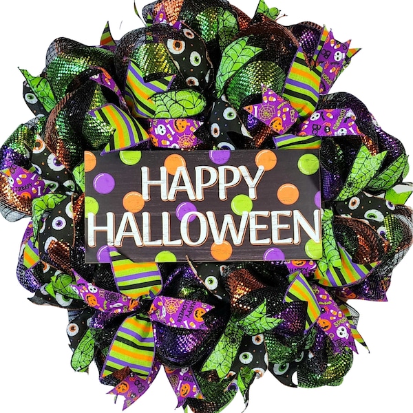 Happy Halloween mesh krans, Halloween mesh krans, Halloween deur krans, Halloween deur decor, Eyeball krans, enge krans, val krans