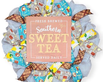 Guirnalda de té dulce sureño recién elaborado, coronas de verano, té dulce, corona de puerta delantera, decoración de verano, decoración de puerta delantera de verano, corona de primavera