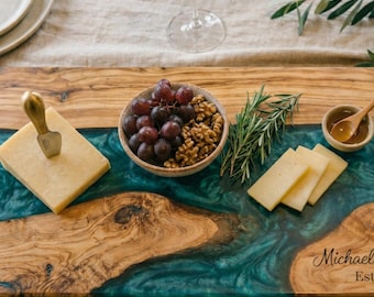 Teal Epoxy Charcuterie Board, Ocean Resin Serving Tray, Handmade Wood Cheese Board