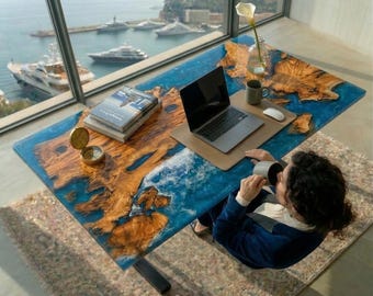 Custom Walnut Epoxy River Dining Table, Ocean Resin Art Furniture (63"x35")