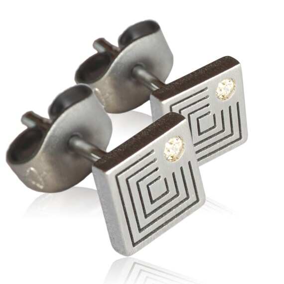 Kirsten Sander Stainless Steel & Genuine Diamond Square Pair of Stud Earrings