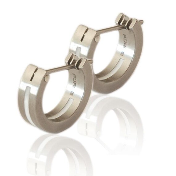 Kirsten Sander Stainless Steel & White Enamel Creoles / Studs Pair of Earrings