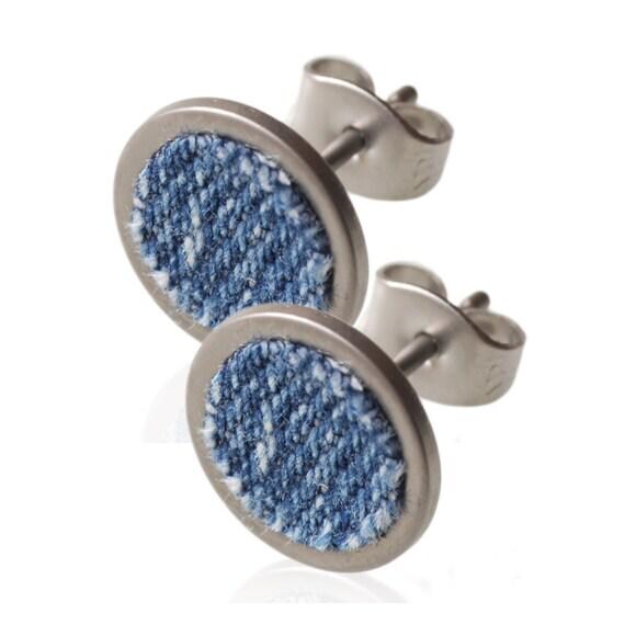 Kirsten Sander Stainless Steel and REAL Denim / Jeans Round Stud Pair of Earrings