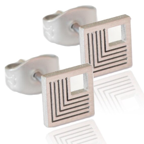 Kirsten Sander Stainless Steel Cut out Design Square Stud Pair of Earrings