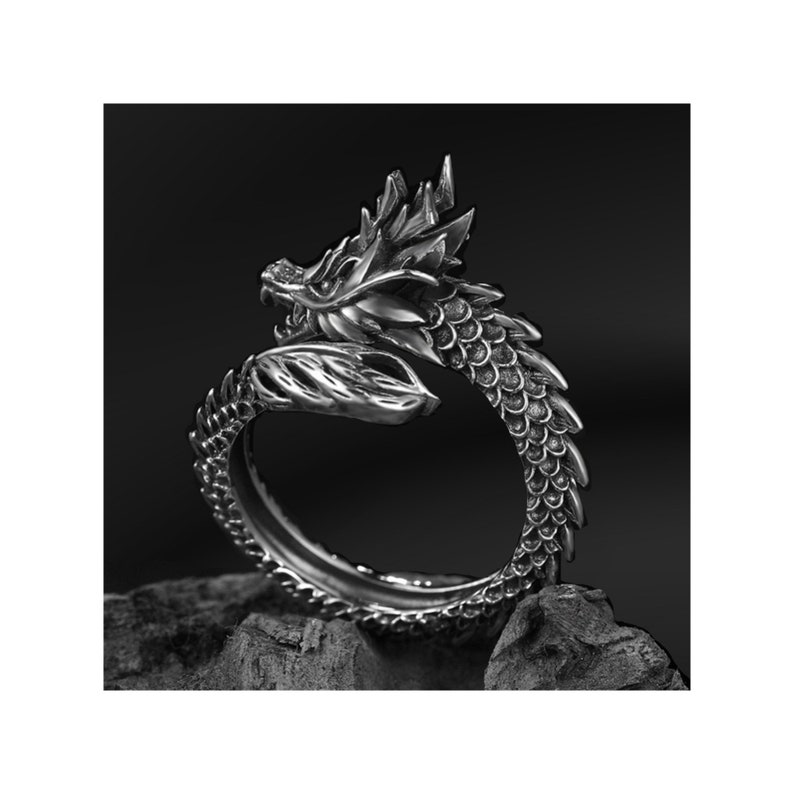 Adjustable Dragon Ring, Silver and Black Dragon Ring, Gothic Animal