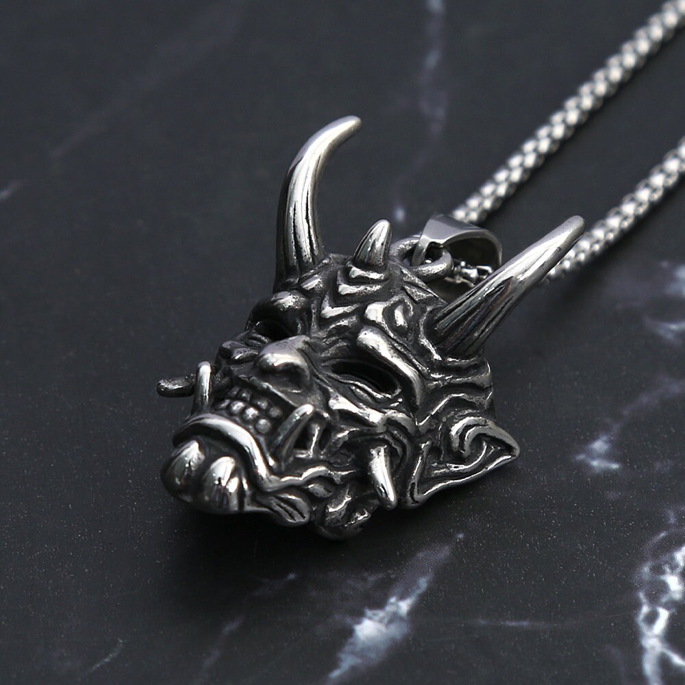 Stainless steel Evil Oni Noh Hannya Mask Pendant Necklace Wallet