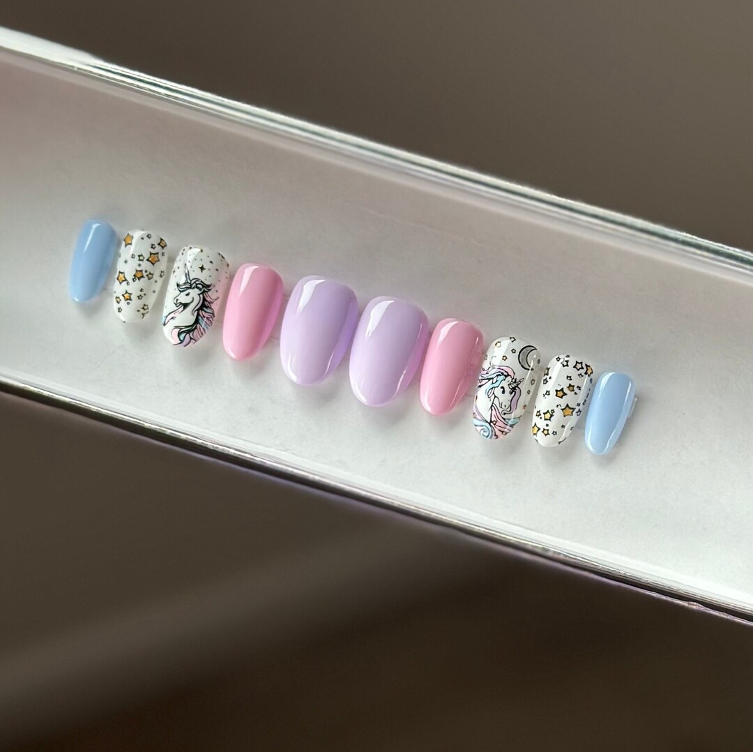 Handpainted Press on Nails Gel Nails Unicorn Nails Pastel Glue on Nails