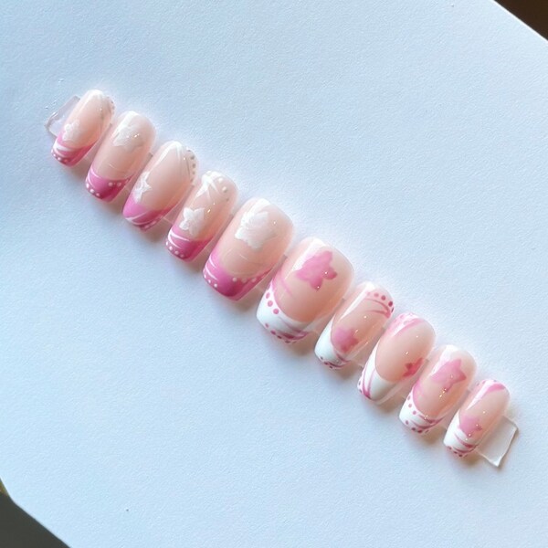 Handprinted French Tip Nails | Press On Nails | Summer Nails | Reusable Nails | Stick On Nails | Floral Nails | Gel Nails | False Nails