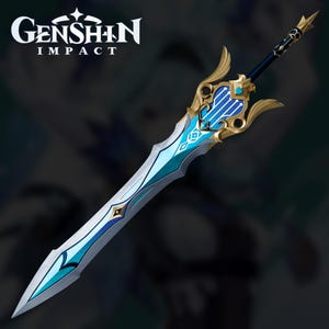May include: A detailed image of a sword with a blue and gold design. The sword features a long, silver blade with blue accents and a decorative hilt with gold and blue embellishments. The text "Genshin Impact" is visible in the upper left corner.