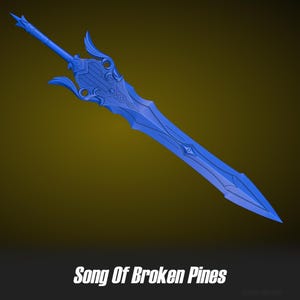 Könnte beinhalten: Ein blaues Schwert mit aufwendigen Mustern, einschließlich einer langen Klinge und einem verzierten Griff. Der Text "Song Of Broken Pines" ist unten zu sehen. Das Schwert hat eine spitze Spitze und dekorative Elemente entlang der Klinge.