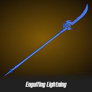 Puede incluir: Una lanza azul con una hoja curva y detalles ornamentales. La lanza tiene un asta larga y una punta. El texto "Engulfing Lightning" se muestra en la parte inferior de la imagen.