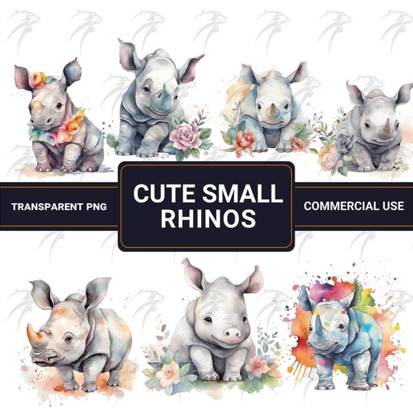 Watercolor cute small rhino | 20 High Quality Digital Art PNGs | Cute rhino cliparts | Free for Commercial Use