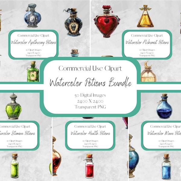Watercolor Potions Clipart Bundle - alchemy potion, apothecary, health and mana potions in PNG format instant download for commercial use