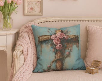 Floral Cross Pillow Cover: Pink Roses on Light Blue Faux Suede