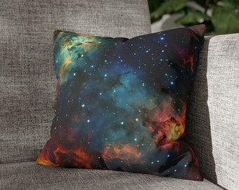 Decorative Pillow Case with Nebula Print Green, Blue, & Orange - Space Themed Home Decor