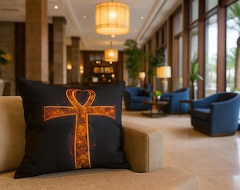 Golden Ankh Faux Suede Pillowcase: Egyptian Decor Cushion Cover