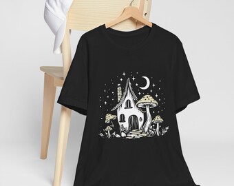 Feenhaus Pilz Mond T-Shirt, Fairycore Pixe Pixe Fungi T-Shirt, Mond Sterne Shirt, süßes Fantasy Magisches T-Shirt, Natur Damenmode