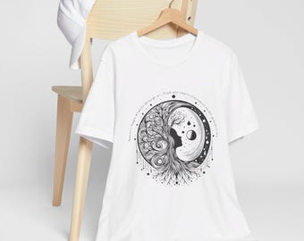 Magischer Baum des Lebens T-Shirt, Mondphasen & Planeten Shirt, Retro Wicca Witchy T-Shirt, süße Mondsterne Damenmode Erdliebhaber Pagan T-Shirt