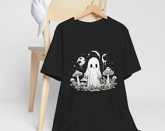 Gruseliges Halloween Boho Geist-T-Shirt, Süßes oder Saures Cottagcore Pilze Shirt, Fairycore süßes gruseliges Outfit, Retro Vintage Mondphase T-Shirt