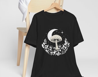 Pilz Mond Halbmond Blumen T-Shirt, Cottagcore Ästhetik Botanisches Shirt, Retro Fairycore Pilz Pilz T-Shirt, Mond Natur Damenmode