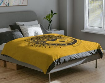 Magische Baum des Lebens Decke, Mondphasen himmlische gemütliche Kuscheldecke, Retro Wicca Witchy Überwurf, niedliche Mondstern-Erdliebhaber-heidnische weiche Bettwäsche