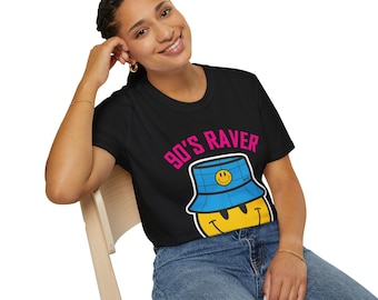 90er Smiley Raver T-Shirt, OldSKool Musik Shirt, 90er Rave Tune Tee, Old School freies Party Outfit, Neunziger Nostalgische Fischerhut Kleidung