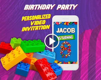 Brick building blocks birthday party video invitation, kids digital animated invite for mobile