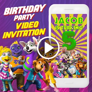 Puede incluir: Una invitación a una fiesta de cumpleaños en video con un personaje de dibujos animados, una pantalla de teléfono con el texto "JACOB CUMPLE 5" y un fondo colorido.