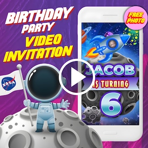 Convite de vídeo para festa de aniversário de astronauta do espaço sideral, convite de vídeo animado digital de foguete cosmos para celular, convite galaxy e