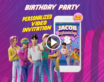 Saja boys birthday video invitation, KPop digital animated invite for mobile with free photo