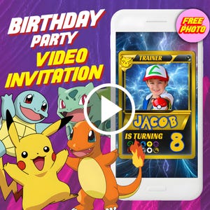 Invito video per festa di compleanno con carte Pokemon, invito video animato digitale Pikachu per cellulare, invito elettronico per bambini