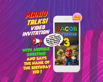 Invitation vidéo d'anniversaire de Mario parle, invitation mobile numérique animée avec voix et photo gratuite