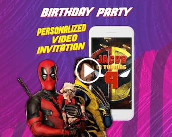 Invitation vidéo à une fête d'anniversaire Deadpool et Wolverine, invitation numérique animée de super-héros Marvel pour mobile
