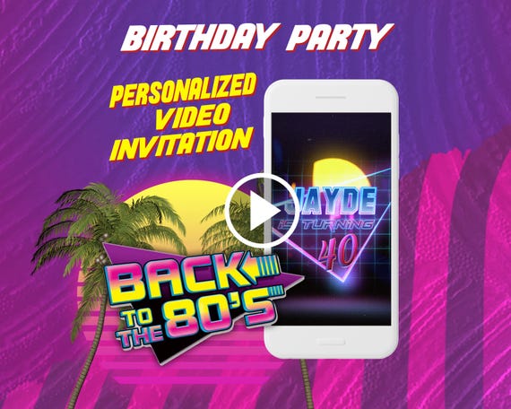 Back to the 80s birthday party video invitation, retro wave digital animated invite for mobile