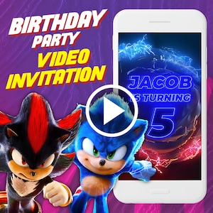 Invito video per la festa di compleanno di Sonic the hedgehog 3, invito video animato digitale per il film Sonic 3 per dispositivi mobili, invito Shadow e