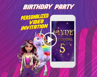 Invitation vidéo de fête d'anniversaire de licornes, invitation numérique animée magique pour mobile