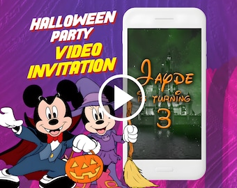 May include: A Halloween party video invitation featuring Mickey Mouse and Minnie Mouse dressed in costumes. Mickey is dressed as a vampire and Minnie is dressed as a witch. The invitation says "Jayde is turning 3".