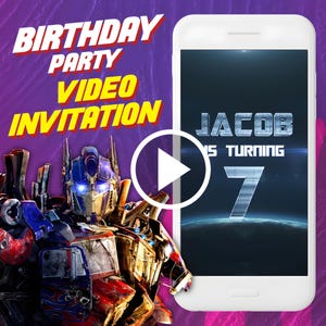 Transformers birthday party video invitation, Optimus Prime digital animated video invite for mobile, autobots e invitation