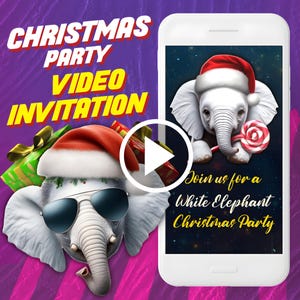 White elephant Christmas party video invitation, gift exchange digital animated video invite for mobile, Xmas event e invitation