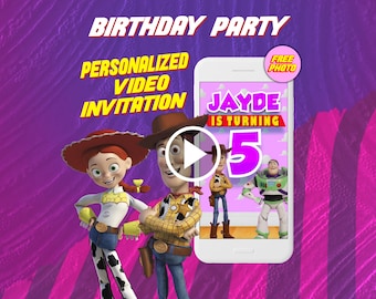 Toy story girly birthday video invitation, digital animated invite for mobile with free photo
