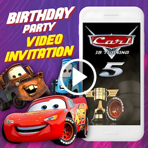 Video-uitnodiging verjaardagsfeestje Cars-film, digitale geanimeerde video-uitnodiging Lightning McQueen voor mobiel, e-uitnodiging