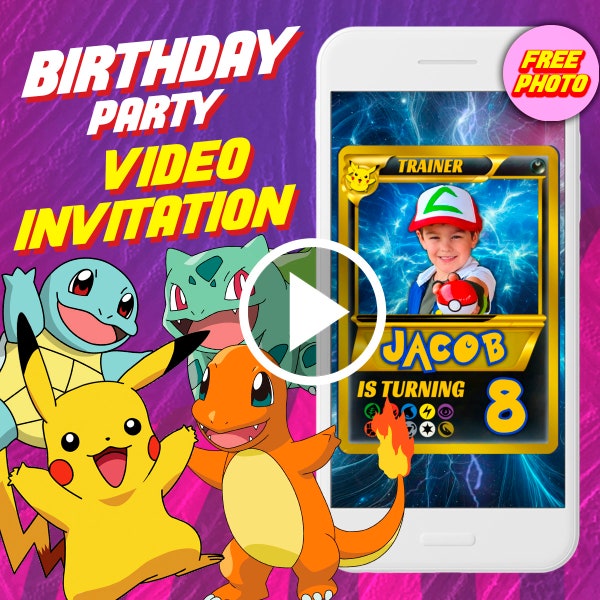 Pokemon cards birthday party video invitation, Pikachu digital animated video invite for mobile, kids e invitation