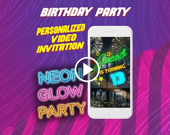 Glow birthday party video invitation, neon disco digital animated invite for mobile