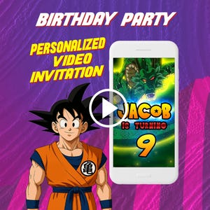 May include: A personalised video invitation for a birthday party. The invitation features a cartoon character and a smartphone displaying a birthday graphic with the name "Jacob" and the number "9". The background is purple and the text is yellow.