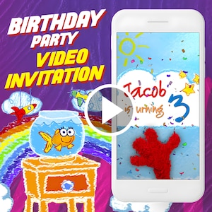 Invito video per festa di compleanno di mostri rossi, invito video animato digitale per bambini per dispositivi mobili, invito elettronico per strada