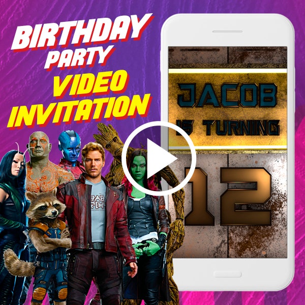 Invitación de video de fiesta de cumpleaños de Guardianes de la galaxia, invitación de video animado digital de superhéroes de Marvel para móvil, invitación electrónica