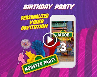 Monster birthday party video invitation, kids street digital animated invite for mobile
