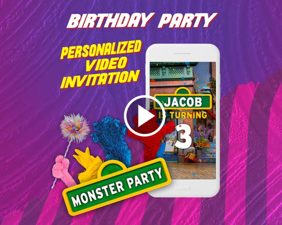Monster birthday party video invitation, kids street digital animated invite for mobile